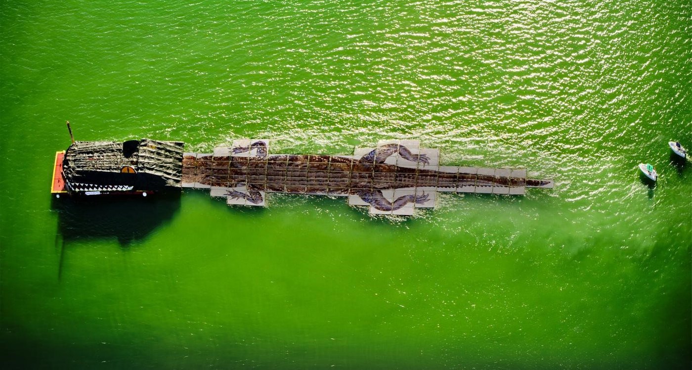 Aerial view of the artwork in green water