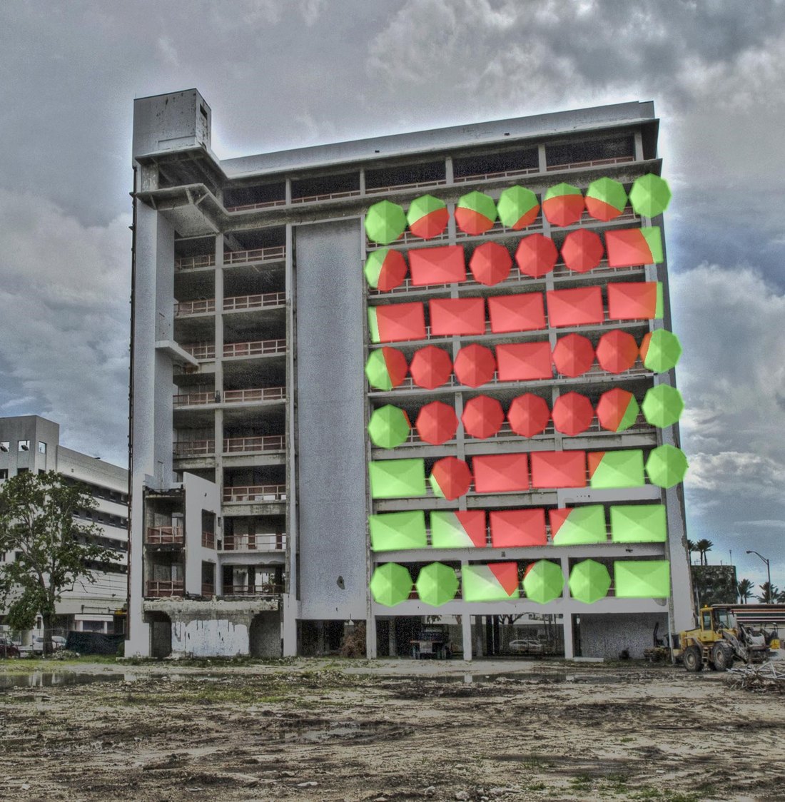 Building facade rendering with heart installation